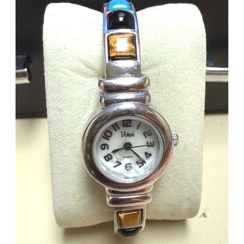 Vivani Silver Tone Cuff Watch w Turquoise Tiger's Eye‎ Style Stones Quartz Works